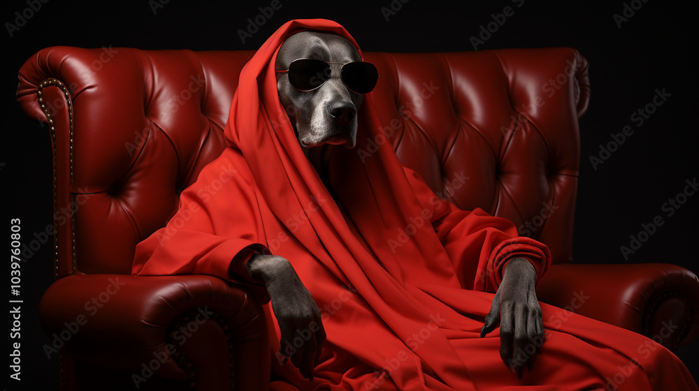 Dog in red robe with sunglasses relaxing on red leather armchair Dog in red robe with sunglasses relaxing on red leather armchair