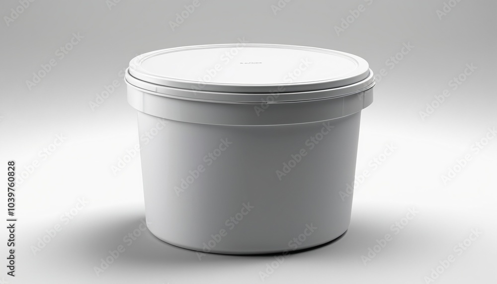 A round plastic tub with a sealed lid, resting on a neutral white background, Generative AI A round plastic tub with a sealed lid, resting on a neutral white background, Generative AI