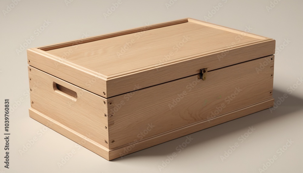 A rectangular wooden box with smooth edges, standing on a neutral beige surface, Generative AI A rectangular wooden box with smooth edges, standing on a neutral beige surface, Generative AI