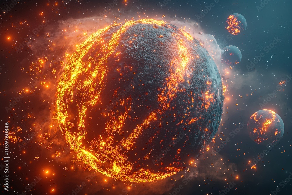 Exploding burning planet in flames and fire in cosmos with stars and other planets in background. Generative Ai Exploding burning planet in flames and fire in cosmos with stars and other planets in background. Generative Ai
