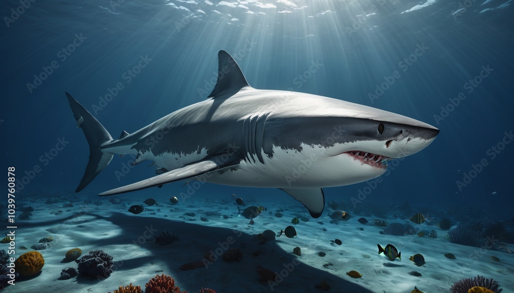 Obraz premium A colossal great white shark slicing through the deep sea, its shadow cast on the ocean floor below, Generative AI
