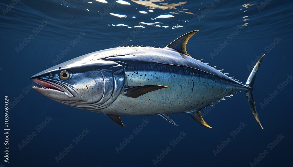 A massive tuna darting through the deep blue, its sleek body reflecting light from the water�s surface, Generative AI A massive tuna darting through the deep blue, its sleek body reflecting light from the water�s surface, Generative AI