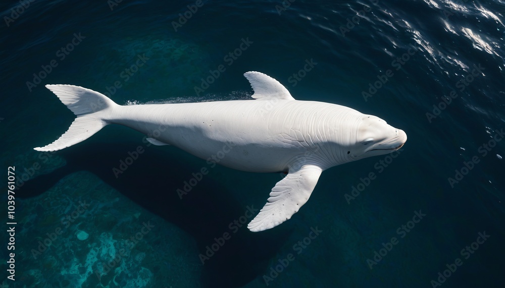 Fototapeta premium A giant beluga whale swimming just below the ice in arctic waters, seen from a top-down view, Generative AI