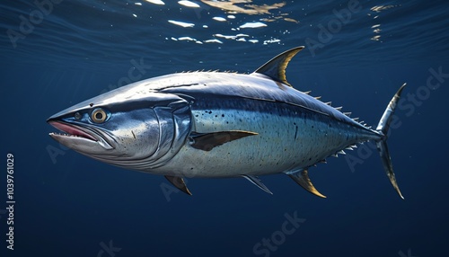 A massive tuna darting through the deep blue, its sleek body reflecting light from the water�s surface, Generative AI photo