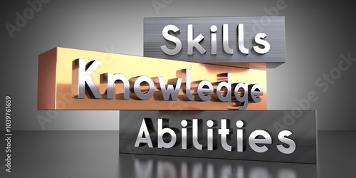 Skills, knowledge, abilities - words on metal blocks - 3D illustration photo