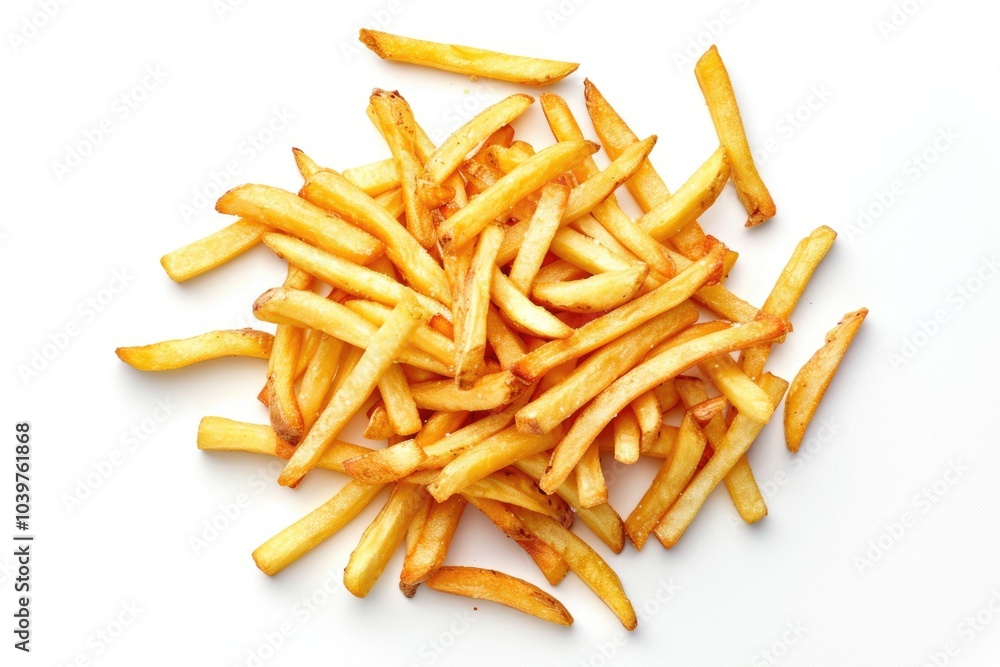 Heap of french fries isolated on white background top view Heap of french fries isolated on white background top view