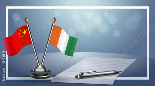 China and Cote D'Ivoire Small national flag on bokeh background, cooperative relationship
