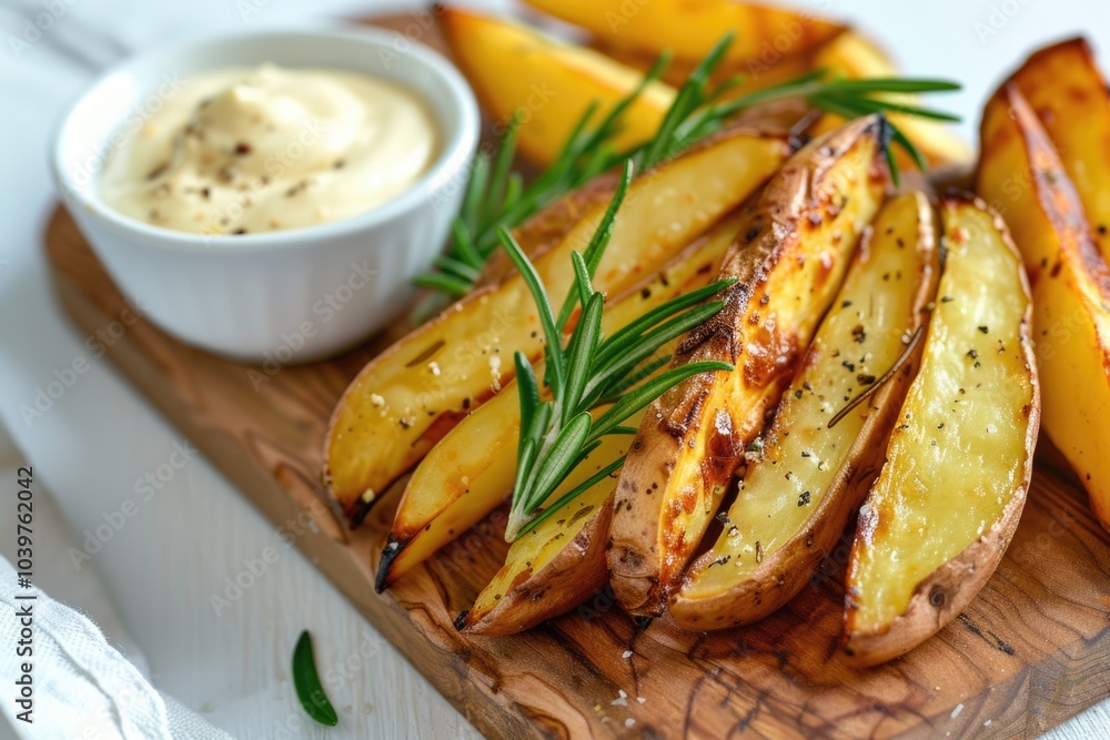 Homemade potato fries with mayo and rosemary on wooden board. Homemade potato fries with mayo and rosemary on wooden board.