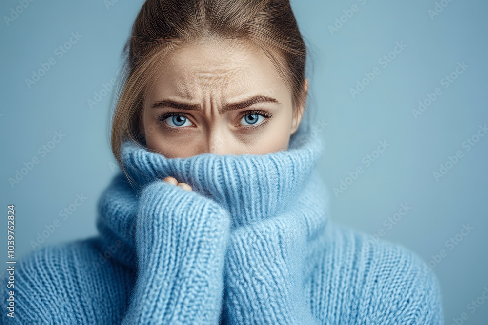 A woman wearing a blue sweater is shivering A woman wearing a blue sweater is shivering