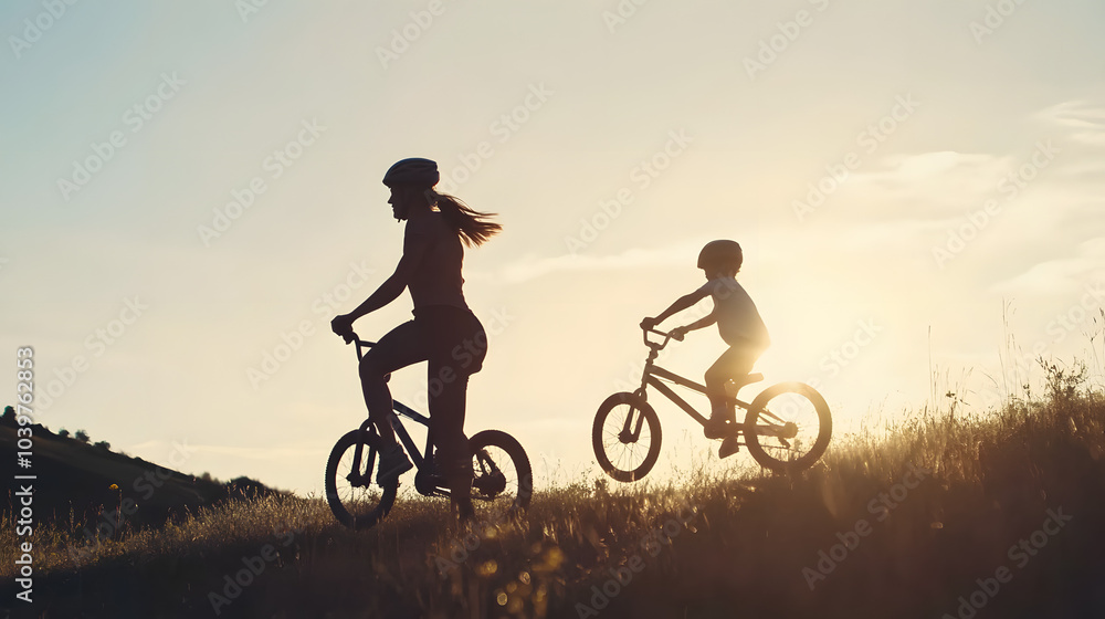 Silhouette of a mother and child riding bicycles on a grassy hill at sunset, capturing a peaceful and bonding outdoor moment in nature. Silhouette of a mother and child riding bicycles on a grassy hill at sunset, capturing a peaceful and bonding outdoor moment in nature.