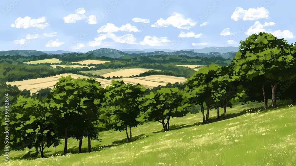 Summer Landscape with Rolling Hills and Green Trees Summer Landscape with Rolling Hills and Green Trees