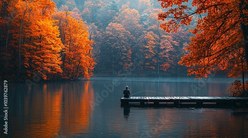 Autumn Solitude Fisherman on Wooden Dock by Tranquil Lake with Vibrant Fall Foliage