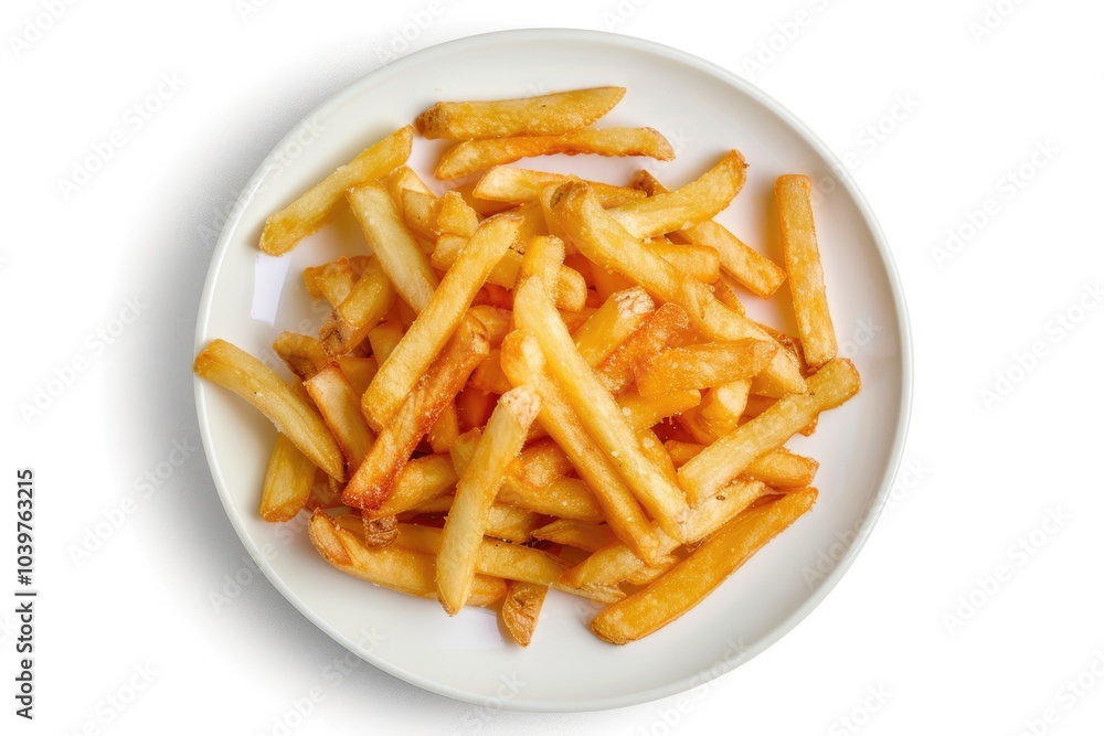 Top view Potato fries on white plate isolated on white background. Top view Potato fries on white plate isolated on white background.