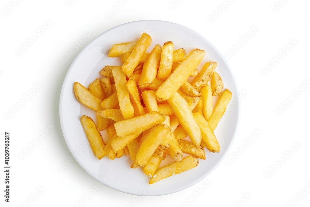 Top view Potato fries on white plate isolated on white background. Top view Potato fries on white plate isolated on white background.