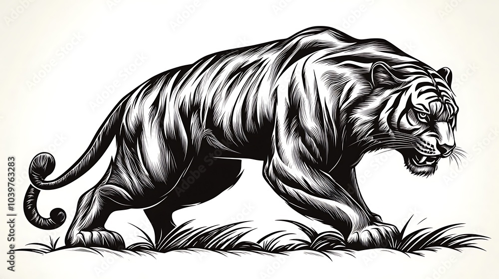 Simple outline of a tiger crouching low, ready to strike, minimalist line art on a pure white backdrop, fine lines emphasizing the tiger's focus and strength, hd quality, soft strokes, natural feel. Simple outline of a tiger crouching low, ready to strike, minimalist line art on a pure white backdrop, fine lines emphasizing the tiger's focus and strength, hd quality, soft strokes, natural feel.