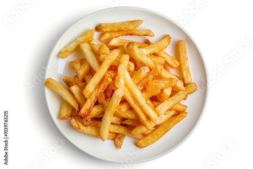 Top view Potato fries on white plate isolated on white background.