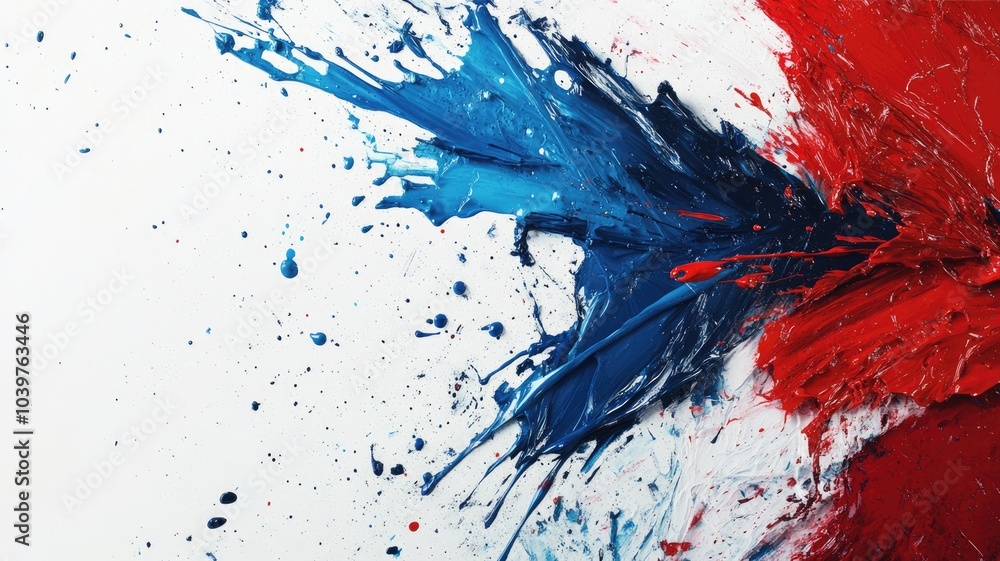 Abstract painting with dynamic splashes of blue and red on white background Abstract painting with dynamic splashes of blue and red on white background