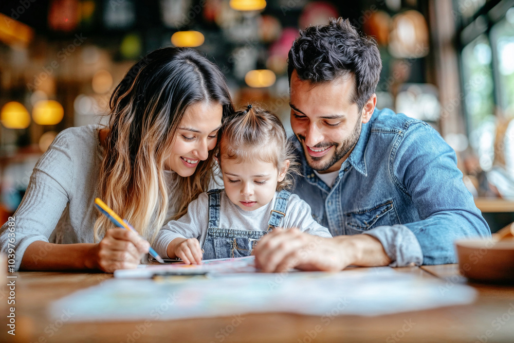 A family of three, a man, a woman and their daughter, are sitting at the table drawing and playing. A family of three, a man, a woman and their daughter, are sitting at the table drawing and playing.