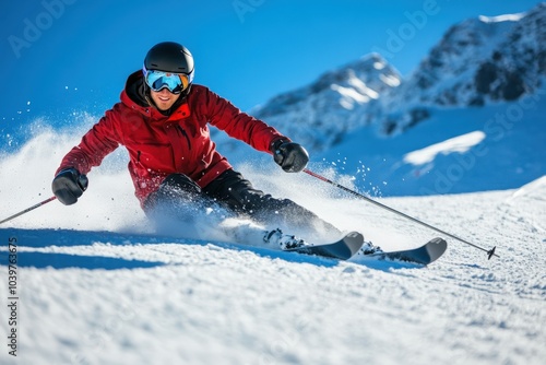 Professional skier is having fun going fast downhill on a sunny day