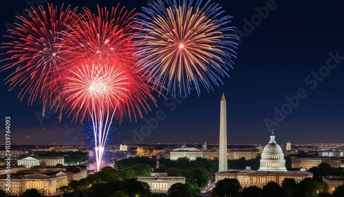 A dazzling Fourth of July fireworks display over Washington, D.C., with the night sky lit up in bursts of red, white, and blue, Generative AI
