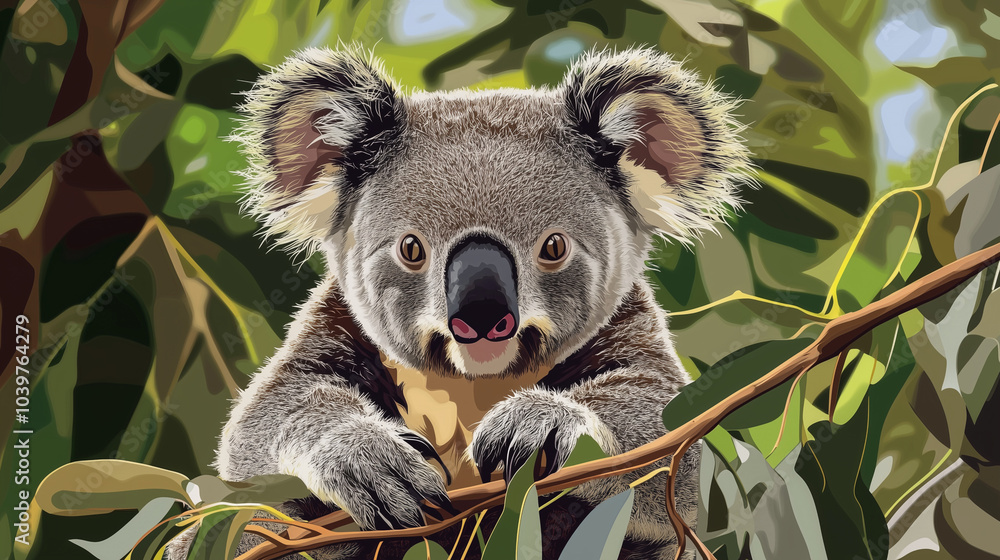 Fototapeta premium Illustration of a koala on a tree surrounded by green leaves in vector style