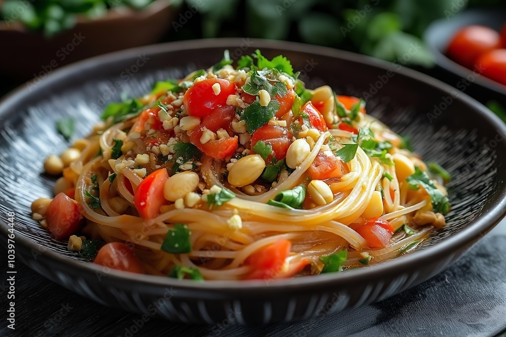 Delicious asian rice noodles dish with peanuts and tomatoes being served on plate Delicious asian rice noodles dish with peanuts and tomatoes being served on plate