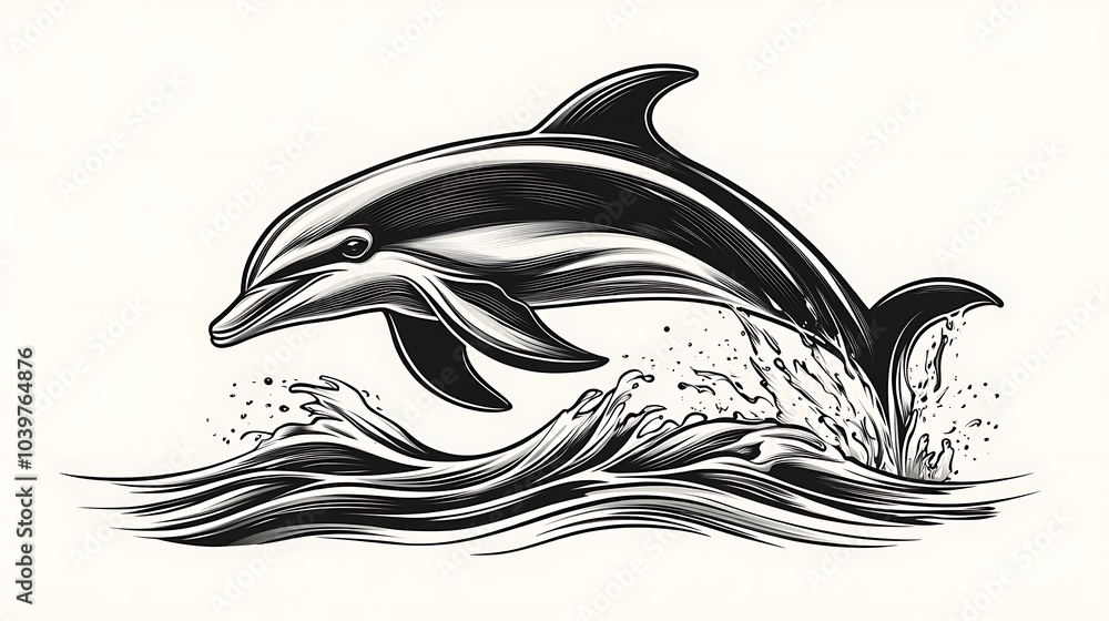 Delicate line art of a dolphin leaping out of the water, minimalist design on a white background, using sleek and simple strokes to capture its energy and elegance, hd quality, fluid lines, Delicate line art of a dolphin leaping out of the water, minimalist design on a white background, using sleek and simple strokes to capture its energy and elegance, hd quality, fluid lines,