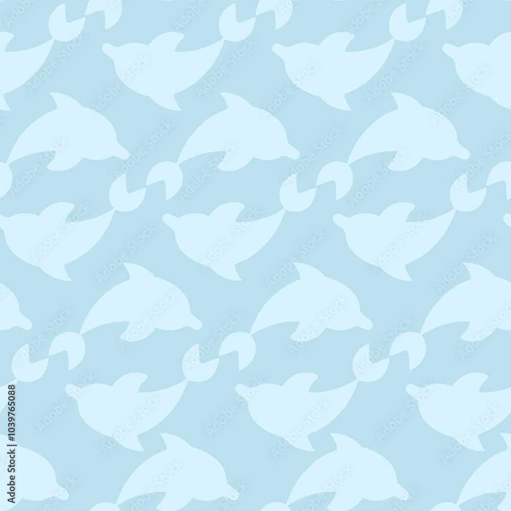 Two dolphin silhouettes circling. Repeating vector pattern. Continuous ornament of a pair of white sea mammals. Isolated blue background. Flat style. Ocean inhabitant. Web design idea. Two dolphin silhouettes circling. Repeating vector pattern. Continuous ornament of a pair of white sea mammals. Isolated blue background. Flat style. Ocean inhabitant. Web design idea.