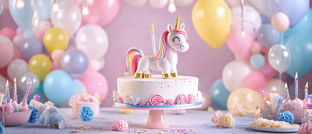 Fototapeta premium Unicorn Cake with Balloons for a Magical Birthday Party