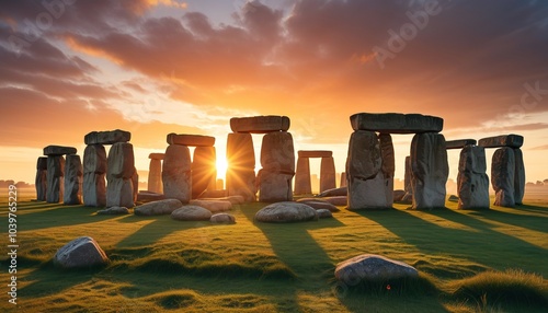 A mystical Summer Solstice at Stonehenge, where blurry figures gather around ancient stones at dawn to witness the sun's alignment, welcoming the longest day, Generative AI