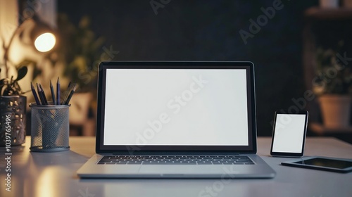 close-up of a laptop open on a white surface. A tablet PC, a smartphone, pencil holders, and paper graphics are all close by. Houseplants and a shadowy wall are in the backdrop. Workplace empty.