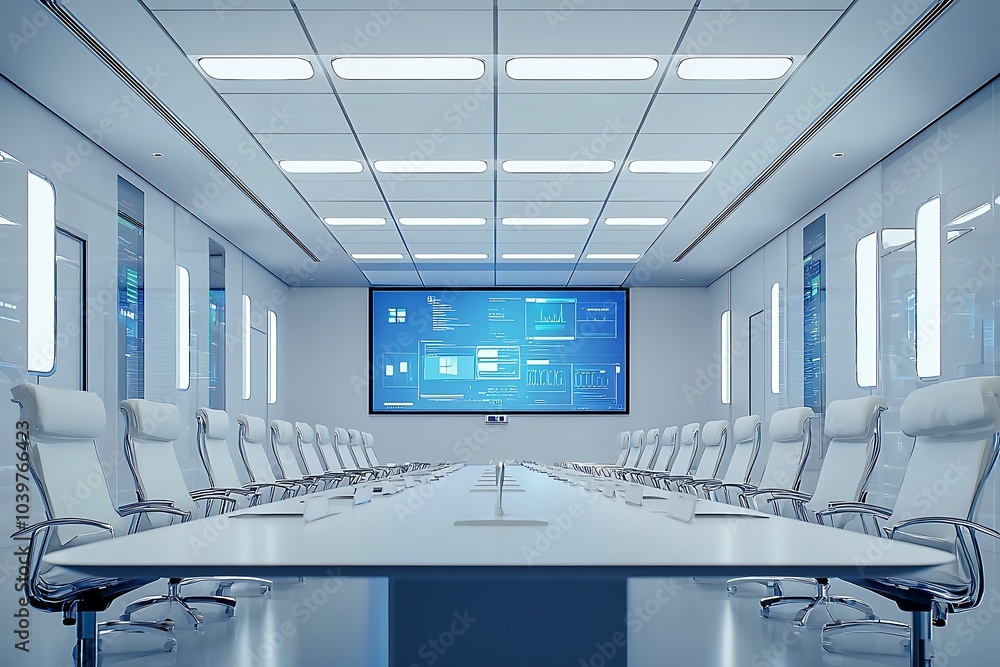 Modern conference room in a hospital equipped with digital teleconferencing capabilities. Modern conference room in a hospital equipped with digital teleconferencing capabilities.