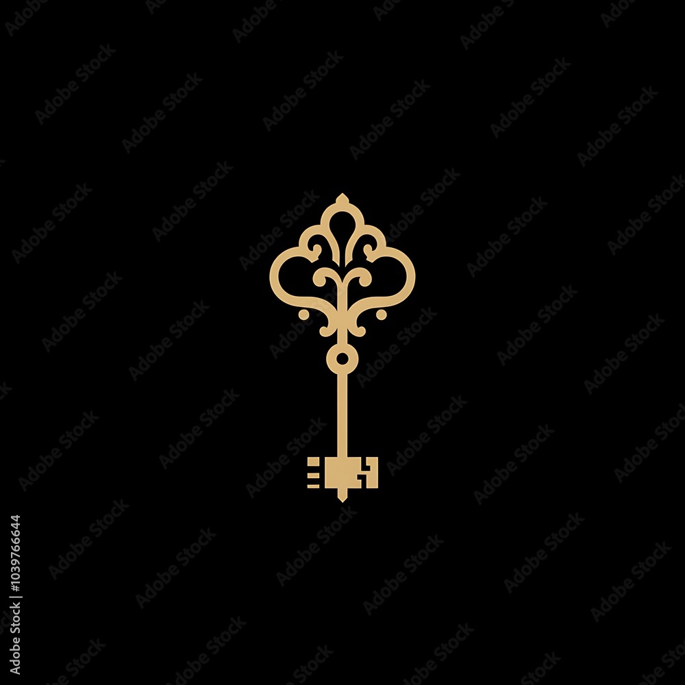 An ornate gold key with intricate details, set against a black background. An ornate gold key with intricate details, set against a black background.