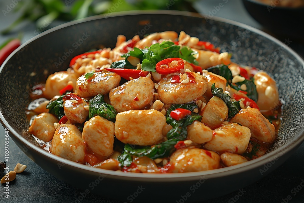 Spicy chicken stir fry with peanuts and chili peppers cooking in wok Spicy chicken stir fry with peanuts and chili peppers cooking in wok