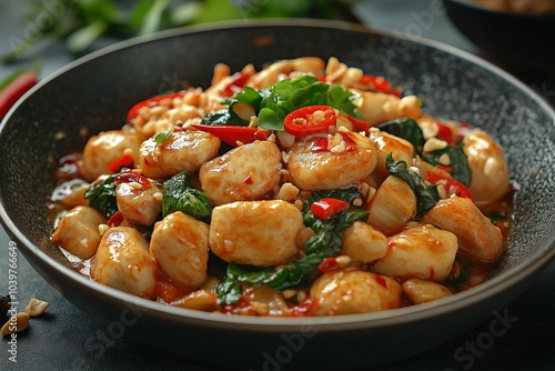 Spicy chicken stir fry with peanuts and chili peppers cooking in wok