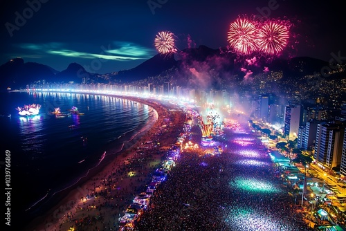 Breathtaking aerial view of Rio's Carnival at night, fireworks and colorful lights along Copacabana beach photo