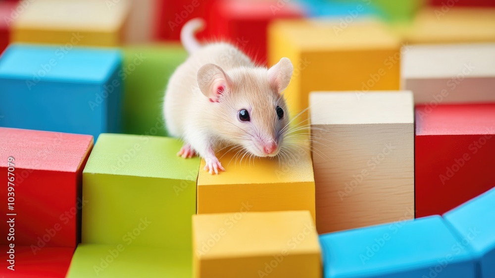 Fototapeta premium Small white mouse on colorful building blocks