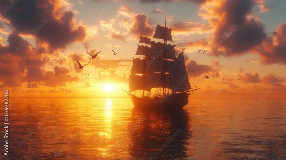 A majestic ship sailing at sunset, surrounded by tranquil waters. A majestic ship sailing at sunset, surrounded by tranquil waters.