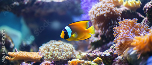 Vibrant Yellow and Blue Fish Swimming in Coral Reef