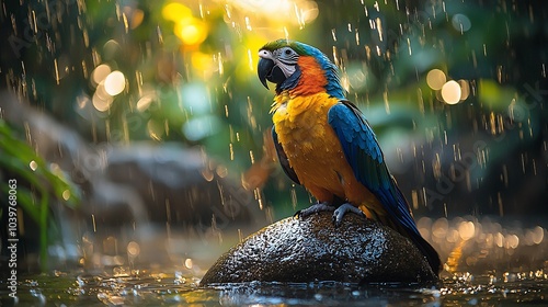 A vibrant blue and yellow macaw perched on a rock in a tropical rainforest, surrounded by water and lush greenery.  