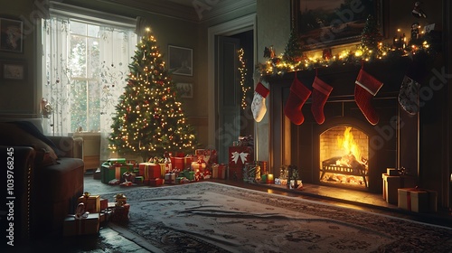 Cozy Christmas Fireplace with Presents and a Decorated Tree