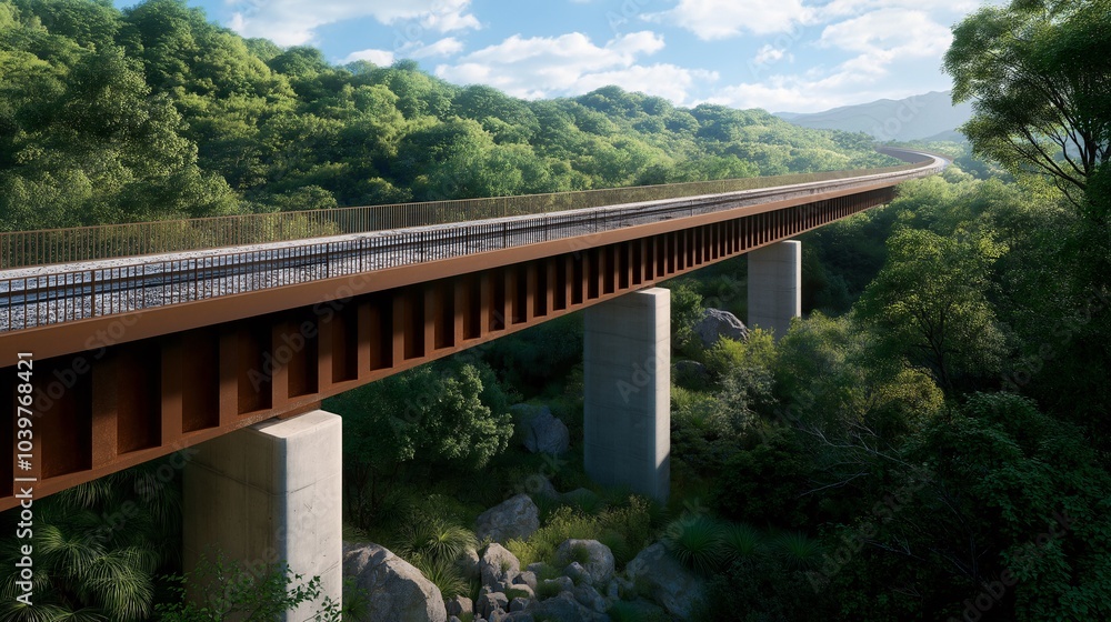 Elevated Path Through Lush Greens: A modern, elevated bridge gracefully spans a picturesque valley, its rusted steel structure harmonizing with the surrounding verdant foliage.