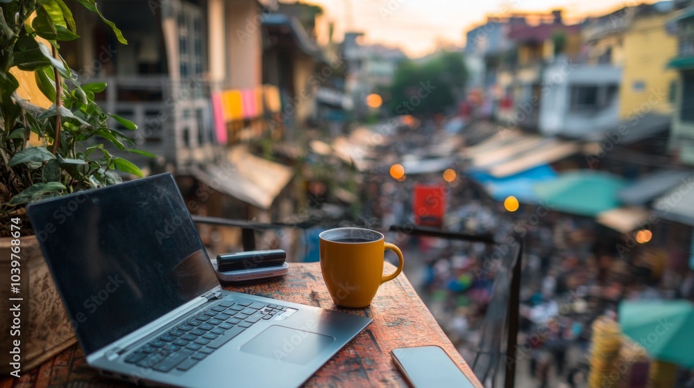 Digital Nomad Working from a Balcony with City View