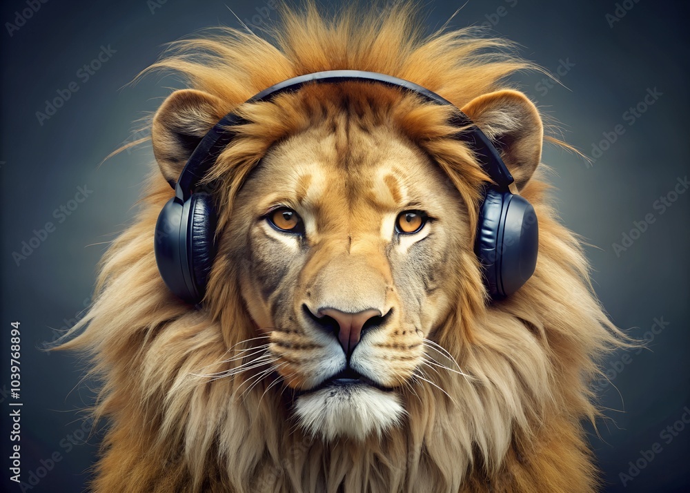Naklejka premium a lion head with headphones