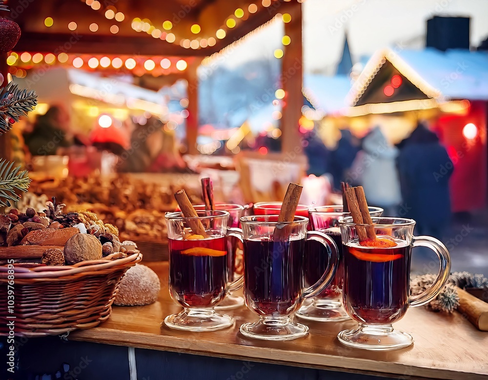 Cozy Christmas market with a stall selling hot mulled wine closeup Cozy Christmas market with a stall selling hot mulled wine closeup