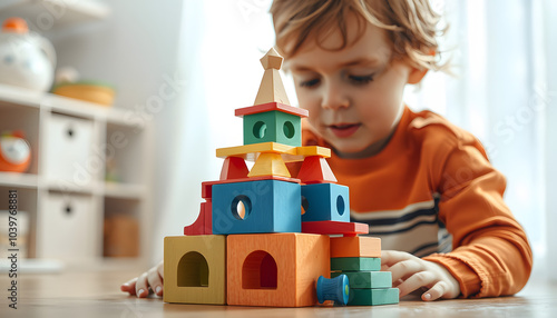 Child playing with toy pyramid indoors, closeup. ABA therapy concept isolated with white highlights, png