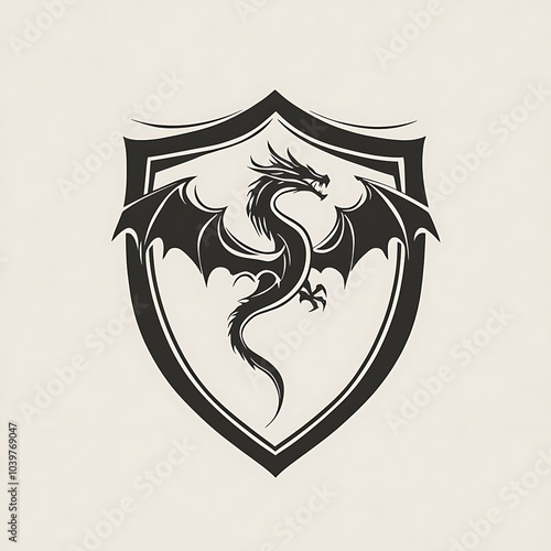 Black and white illustration of a dragon inside a shield. photo