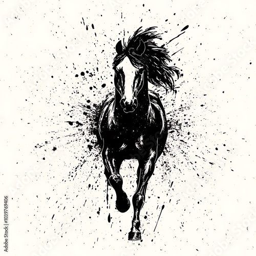 Black and white illustration of a horse running with a splatter paint background. photo