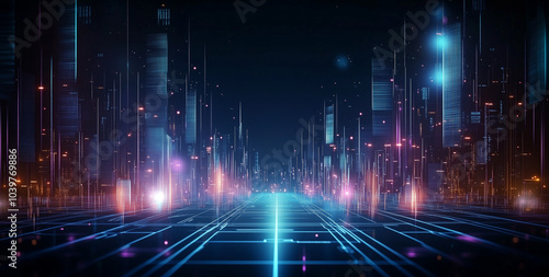 Nighttime view of a technologically advanced city with sleek, illuminated skyscrapers. Premium background for the latest technology needs.