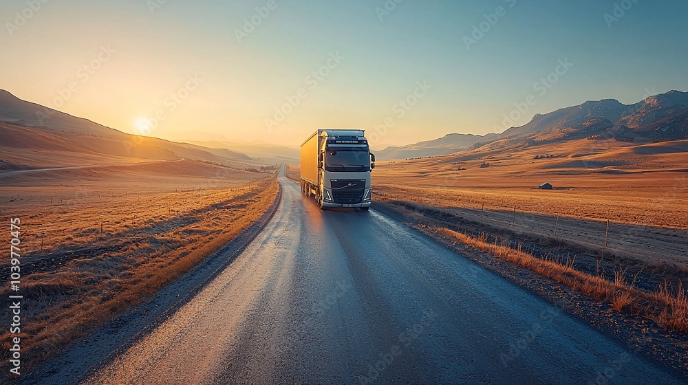 Semi Truck Driving on Empty Road at Sunset with Mountains in Background Semi Truck Driving on Empty Road at Sunset with Mountains in Background